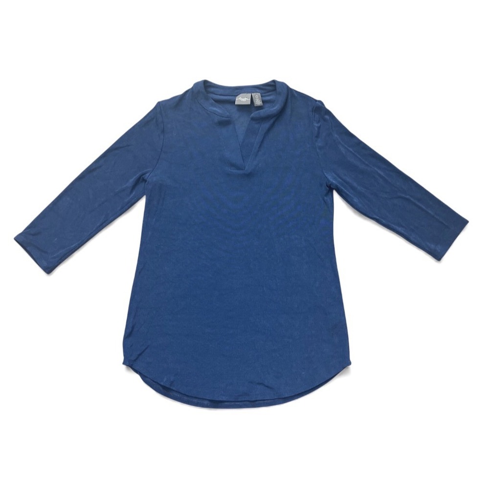 CHICO'S TRAVELERS Dark Blue Knit Top Shirt V-NECK ROUNDED HEM 3/4-Sleeves S/0